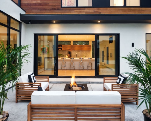 Wood contemporary sliding glass door on patio