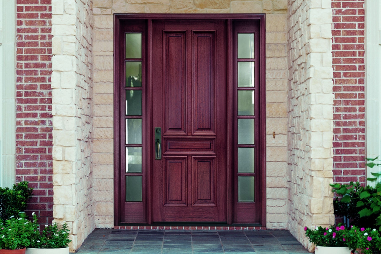 Solid wood front entry door on residential home