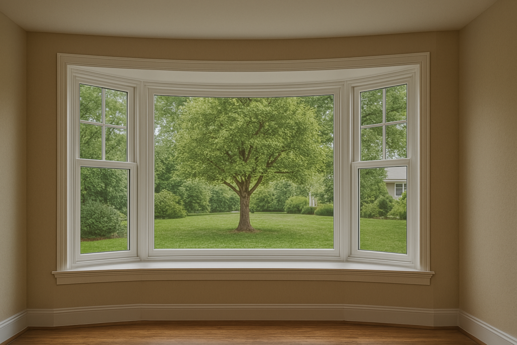 A living room with a large bay window looking out into a residential backyard