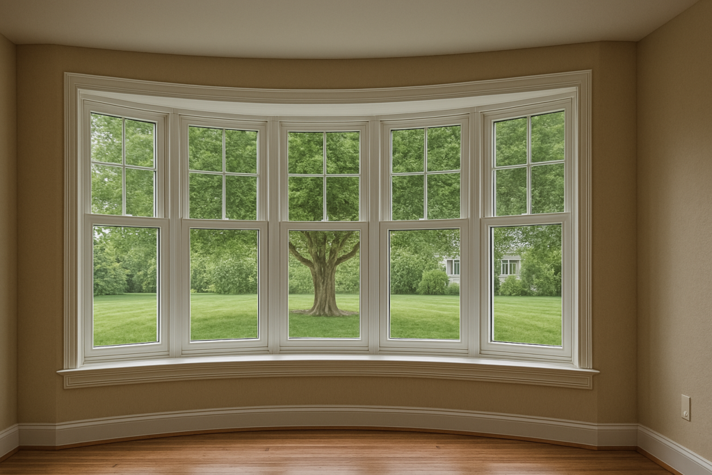 A large bow window in a modern living room