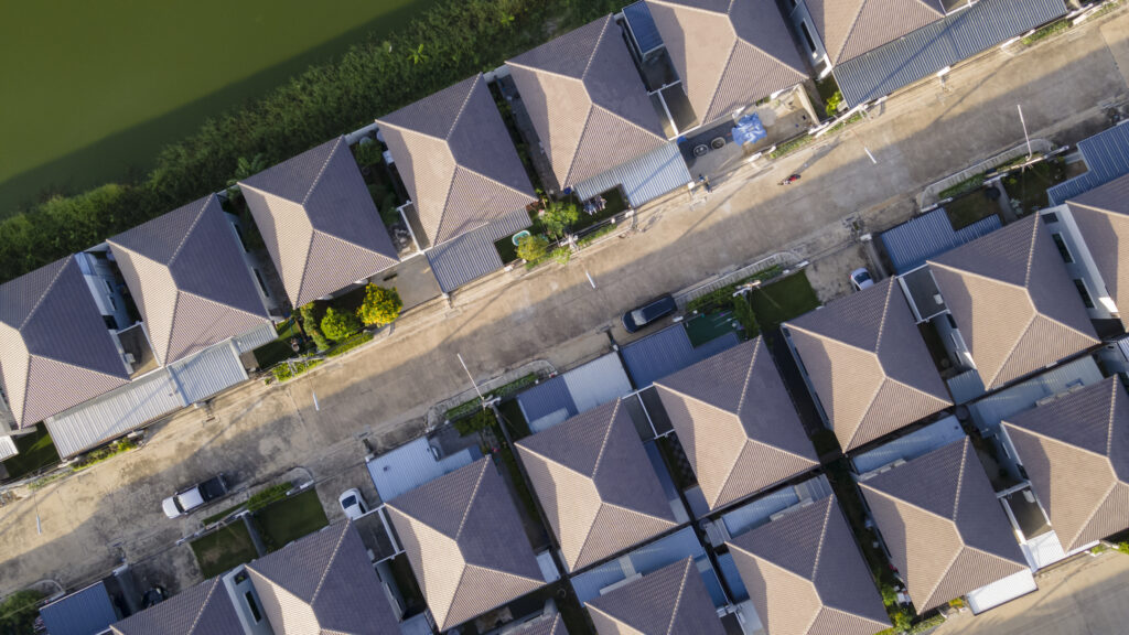 Residential neighborhood rooftops with hop roofs
